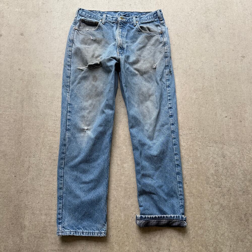 Men's Carhartt Distressed Light Blue Flannel Lined Work Wear Jeans Sz 35 x 32